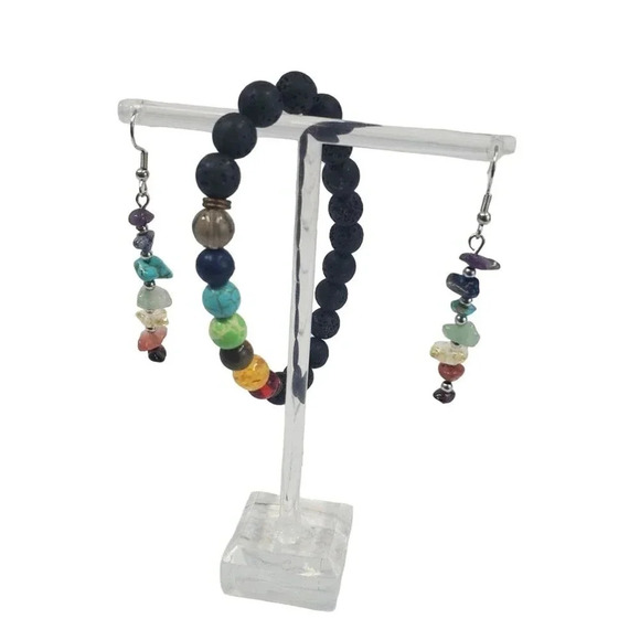 Beautiful Chakra Stones Earrings and Matching Black Lava Stone Chakra Bracelet. - Picture 5 of 9